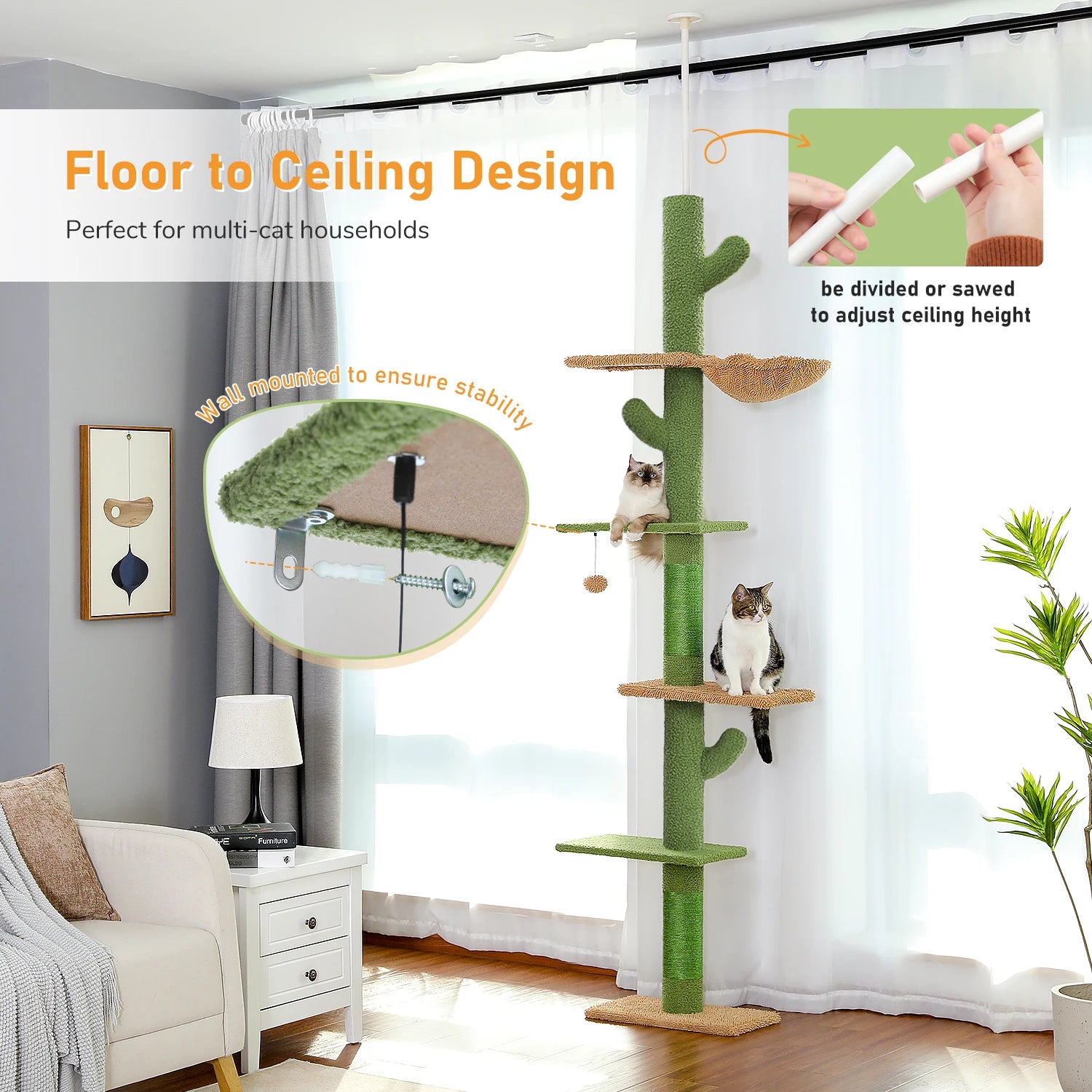 Adjustable Height Cactus Tree w/Scratching Posts
